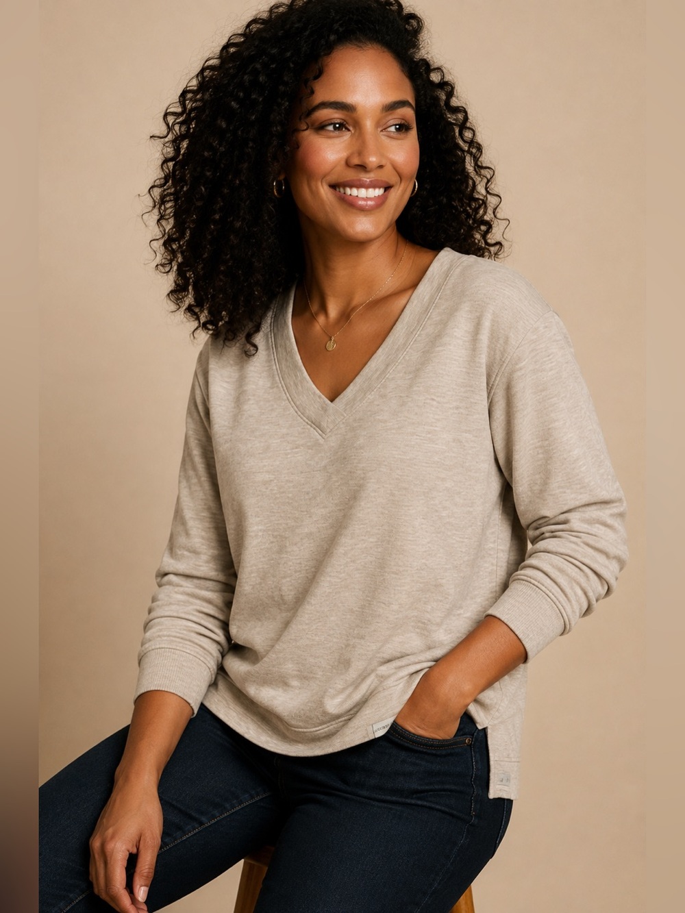 Orvis Heather Taupe V-Neck Soft Pullover Sweatshirt Small